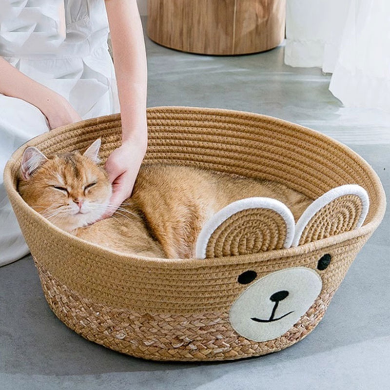 Popular Cartoon Rattan Weaving Cat Bed All-season Universal Semi-closed Warm Rattan Weaving Dog Pet Bed