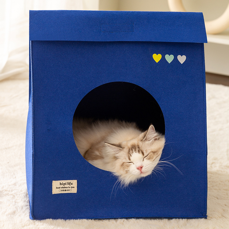 Fast Shipping Wholesale Manufacturer Handmade Felt Bag All Season Foldable Ragdoll Cat Cave Deep Sleeping Blue Luxury Pet Bed