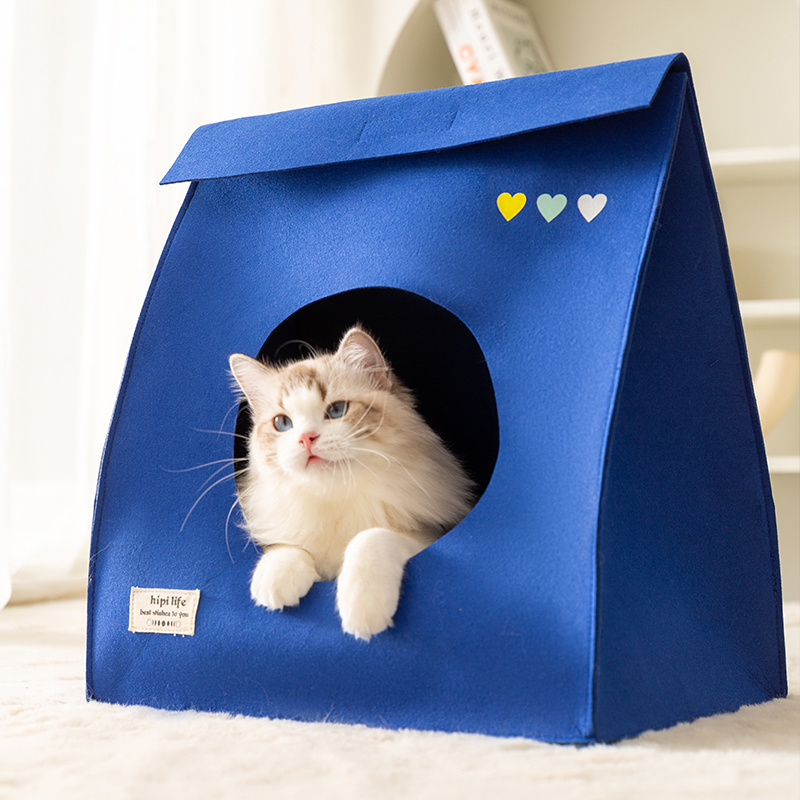 Fast Shipping Wholesale Manufacturer Handmade Felt Bag All Season Foldable Ragdoll Cat Cave Deep Sleeping Blue Luxury Pet Bed