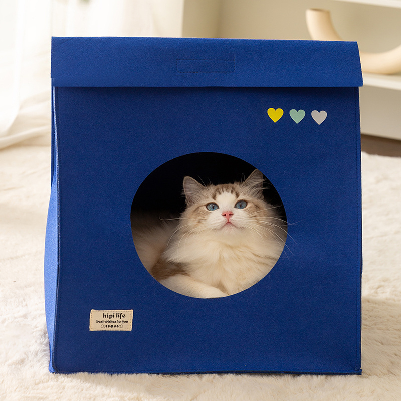 Fast Shipping Wholesale Manufacturer Handmade Felt Bag All Season Foldable Ragdoll Cat Cave Deep Sleeping Blue Luxury Pet Bed