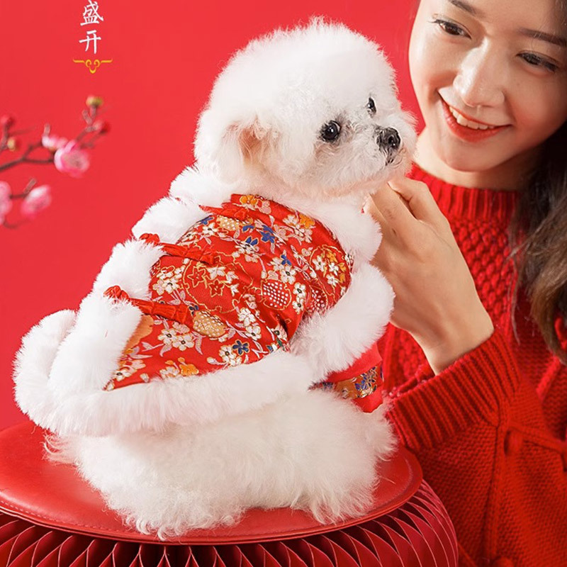 Chinese New Year Tang Type Fluffy Soft Winter Warm Dog Insulated Jackets Pet Clothes for Wholesale in Bulk