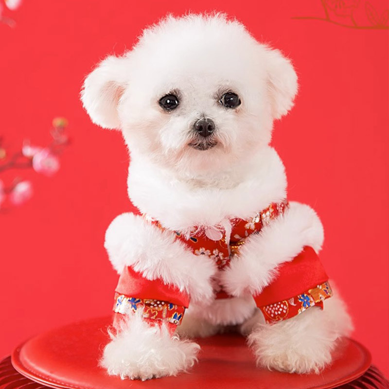 Chinese New Year Tang Type Fluffy Soft Winter Warm Dog Insulated Jackets Pet Clothes for Wholesale in Bulk