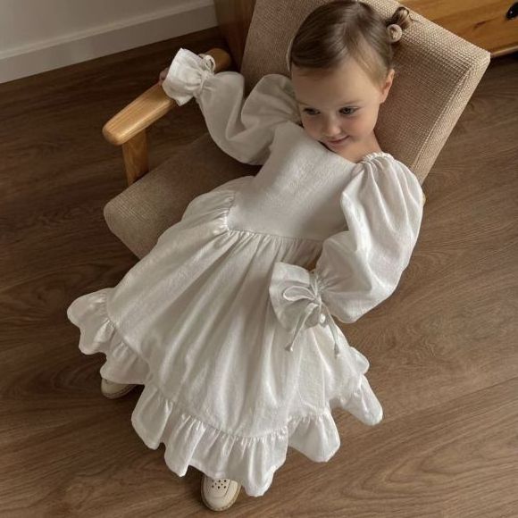 2023 Autumn High Quality Fashion Kids Wear White Long Sleeve Baby Dress Linen Cotton Girls Dresses