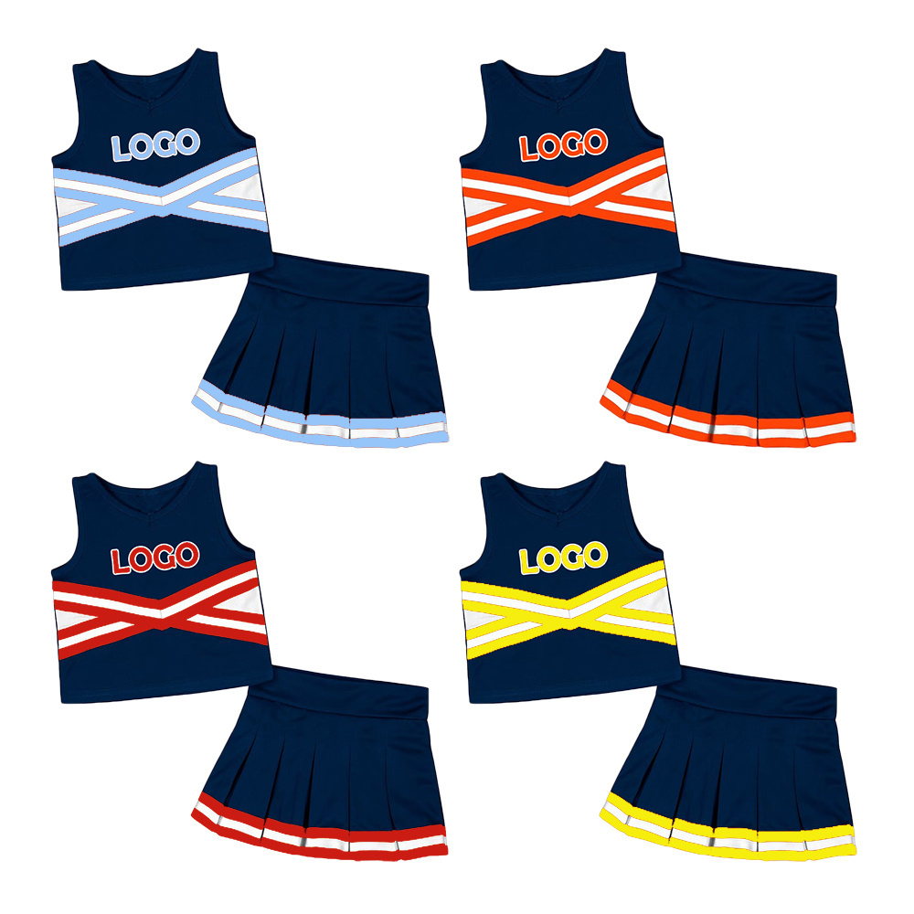 Boutique 2 piece navy blue and yellow cheerleader dress costume kids cotton cheerleading uniform suit