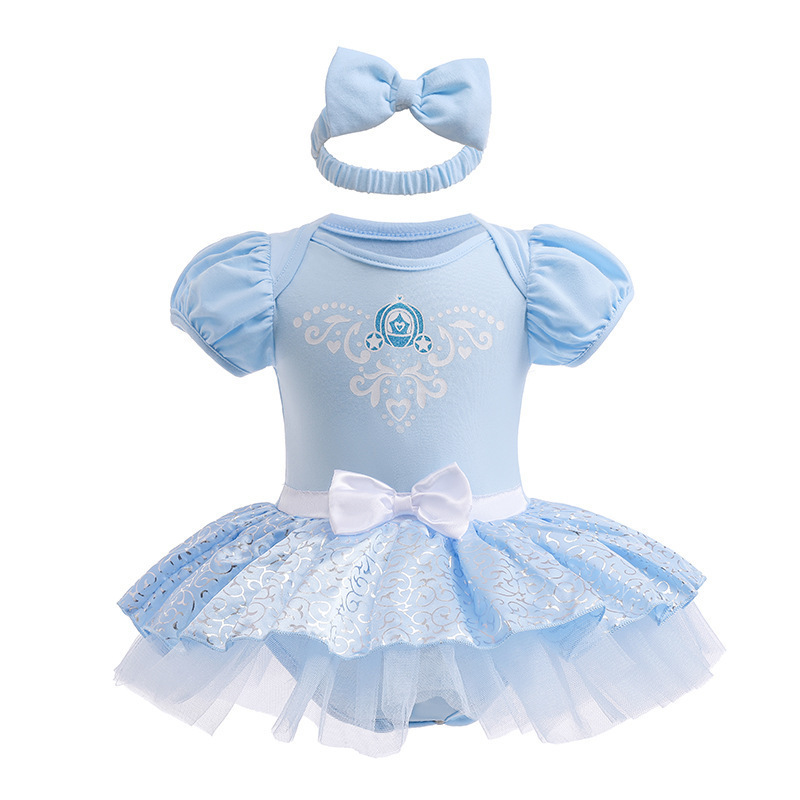 Girls Princess Birthday Dress Cotton Soft One Piece Dress Newborn Baby Girl Summer Bubble Tutu Romper with a Headband