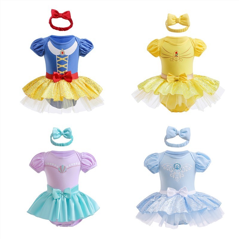 Girls Princess Birthday Dress Cotton Soft One Piece Dress Newborn Baby Girl Summer Bubble Tutu Romper with a Headband