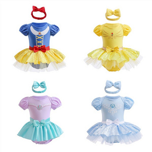 Girls Princess Birthday Dress Cotton Soft One Piece Dress Newborn Baby Girl Summer Bubble Tutu Romper with a Headband