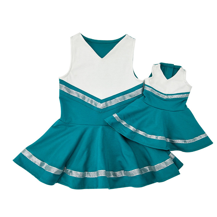 Little Kids Wholesale Latest Girls Sleeveless Dress Girl Cheerleader Skirt Costume Custom Golden Trim Cheerleading Uniforms