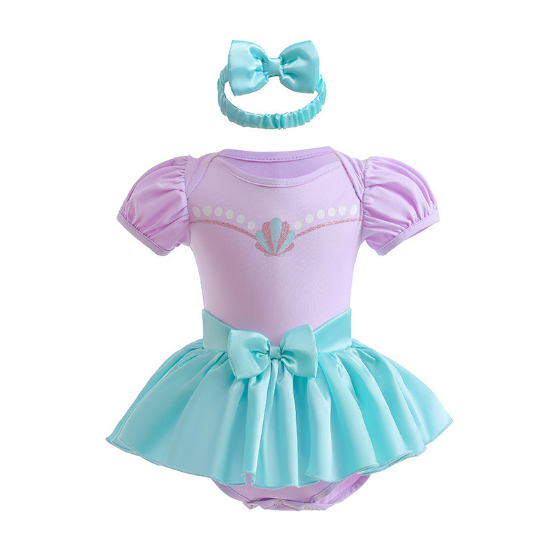 Girls Princess Birthday Dress Cotton Soft One Piece Dress Newborn Baby Girl Summer Bubble Tutu Romper with a Headband