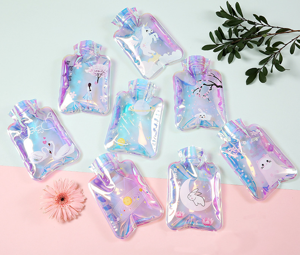 Customized Cute Cartoon PVC Laser Transparent Mini Hot Water Bag Hand Warmer Hot Water Bottle