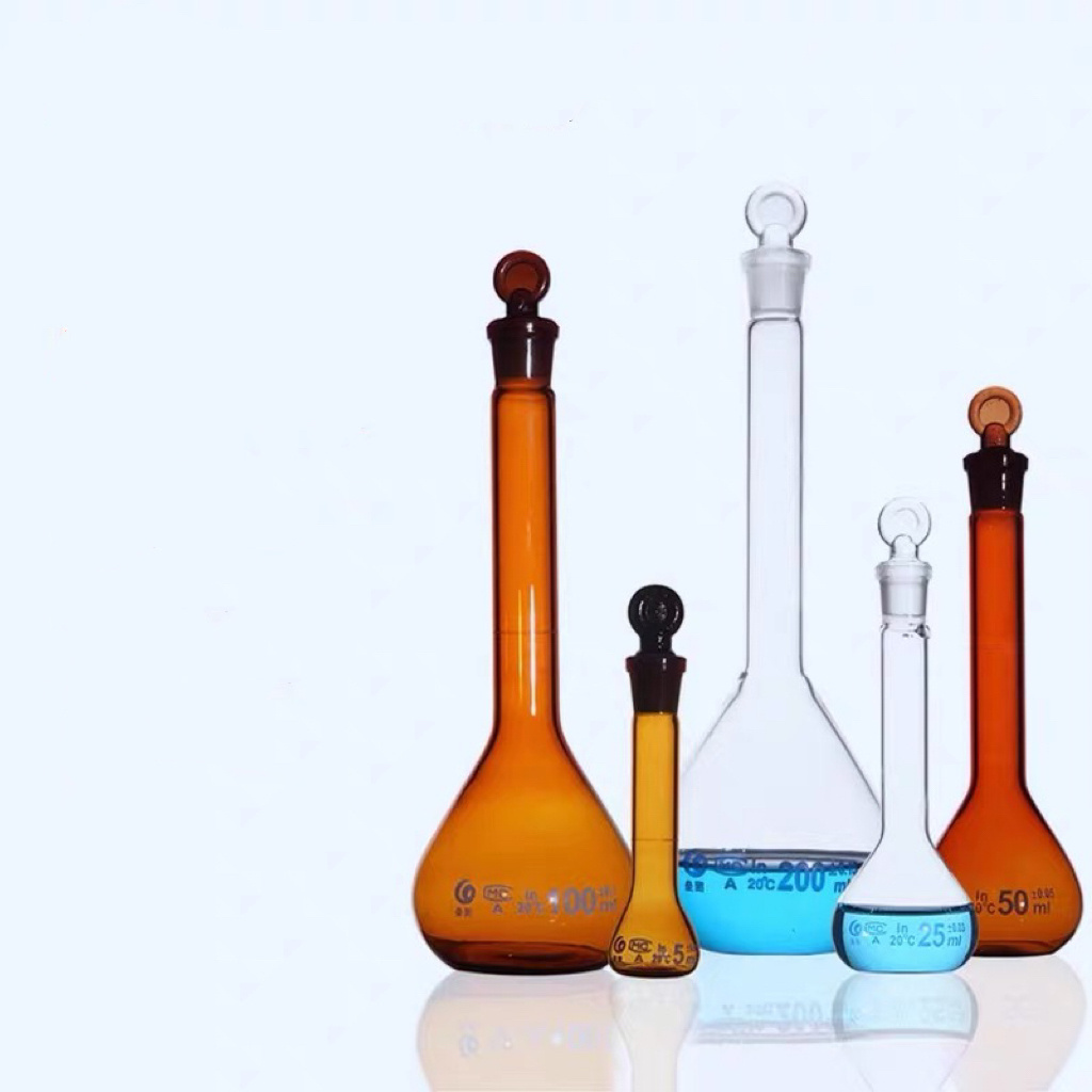 Laboratory Consumables Amber Glass1000ml 250ml 100ml 500ml Glass Plastic Volumetric Flask with Lid and Stopper