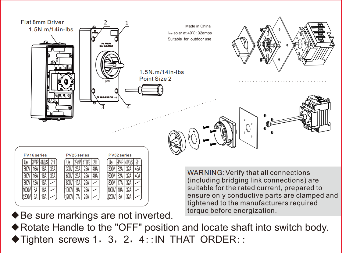 DC 300V 600V 800V 1000V 1200V PV Switch disconnector for photovoltaics