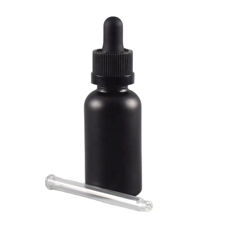 empty 30ml frosted black matte glass bottle 1 oz essential beard oil dropper bottle with child proof cap