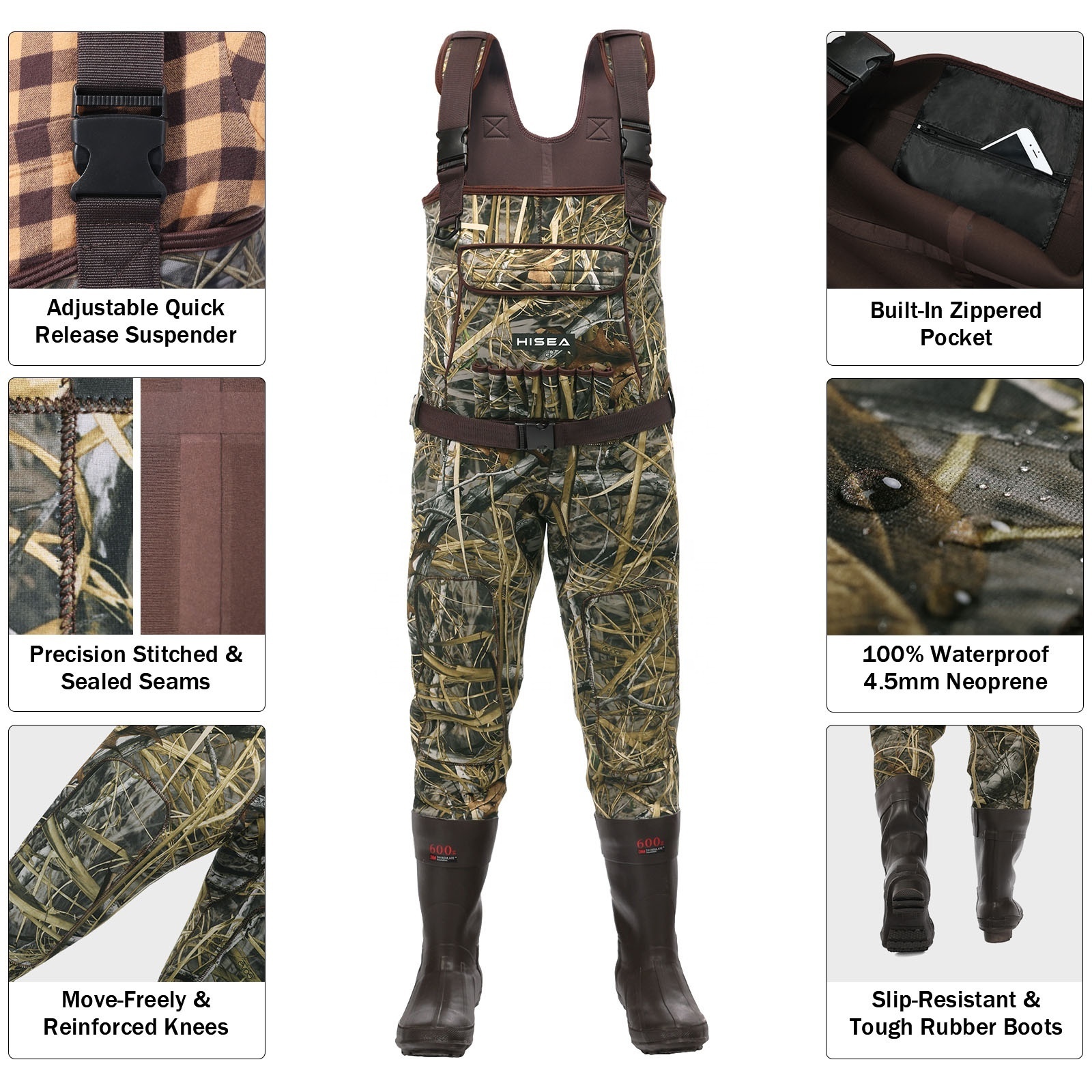 Chest Waders Neoprene Duck Hunting Waders for Men with Boots Camo Fishing Wader Bootfoot Cleated Waterproof Breathable Insulated