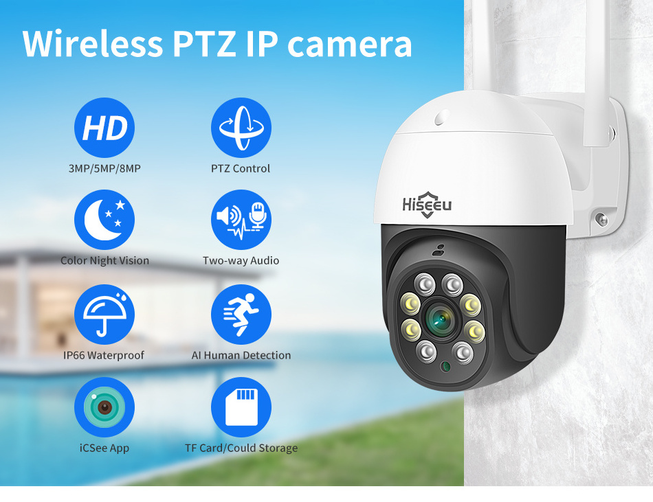 Hiseeu 8MP 4K WIFI Camera Outdoor Security 5MP 3MP 1080P Auto Tracking Wireless Video CCTV Surveillance PTZ  IP Dome Camera