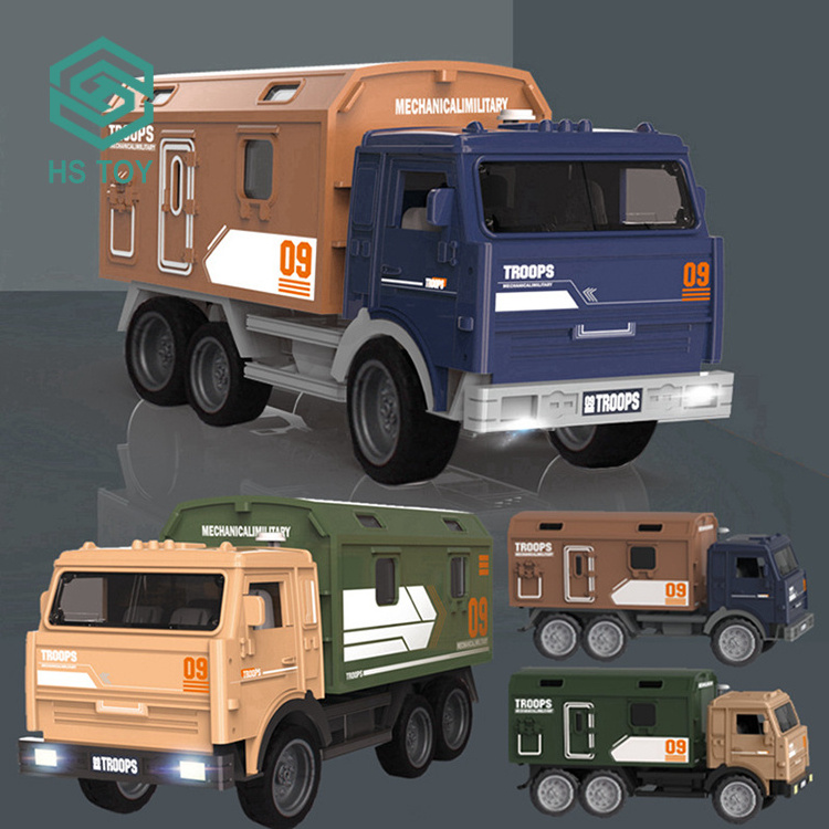 HS Coches Militares Medical Transport Truck Model Die Cast Pull Back Metal Army Cars Toy With Music Light