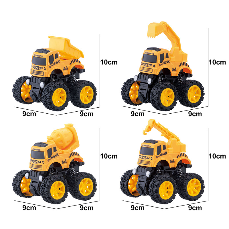 4PCS Small Die Cast Engineering Truck Model 360 Rotation Stunt Vehicle Toys Double inertia Friction Power Cars