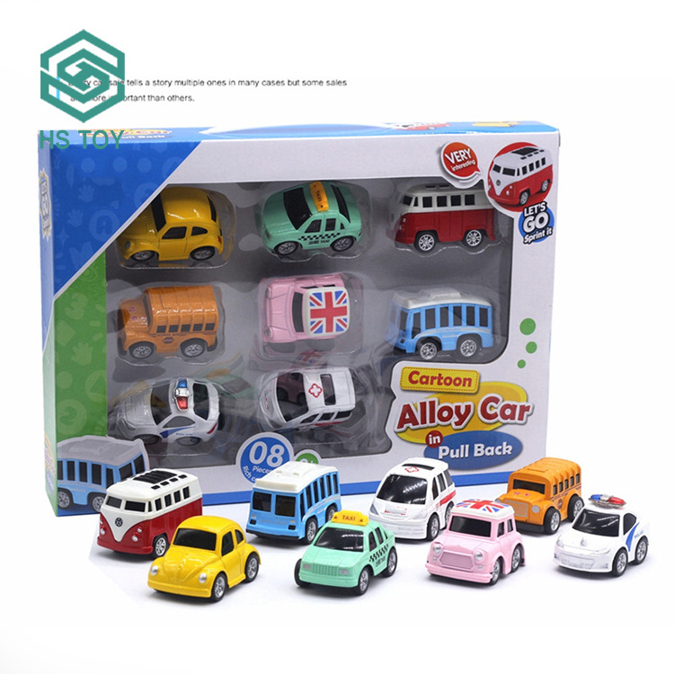 HS Wholesale Cartoon Mini Metal Free Wheel School Bus Car Die Cast Vehicle Toy With Pull Back