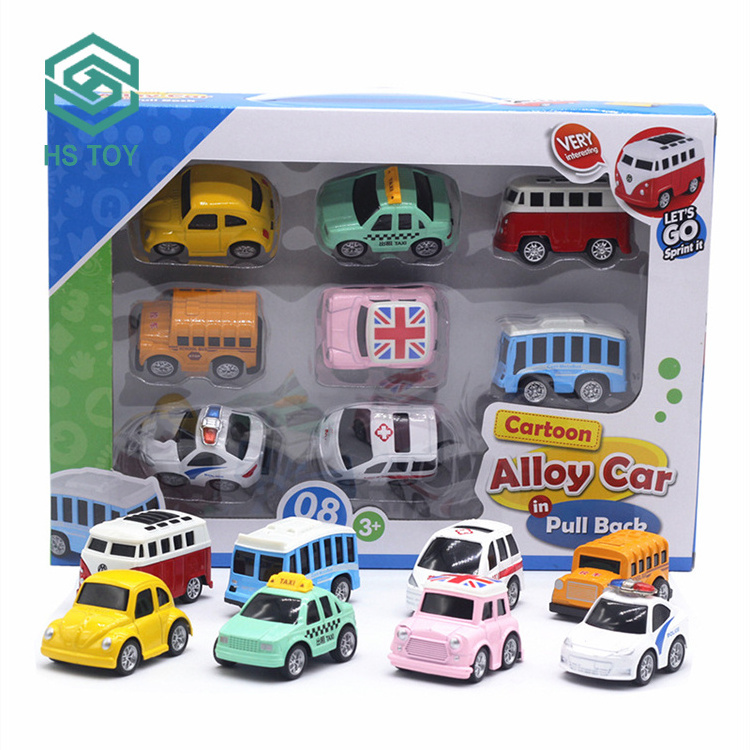 HS Wholesale Cartoon Mini Metal Free Wheel School Bus Car Die Cast Vehicle Toy With Pull Back