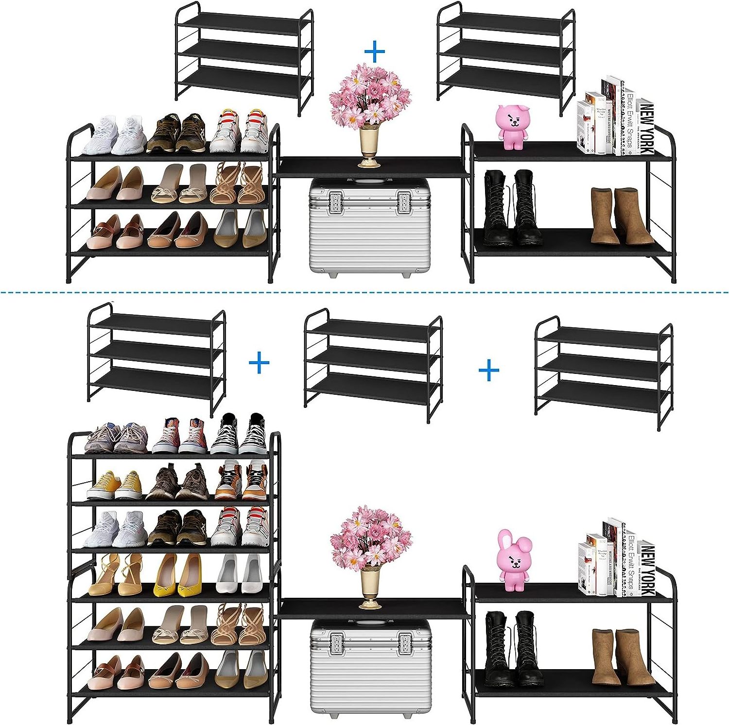 3-Tier Stackable Shoe Rack Expandable and Adjustable Fabric Shoe Shelf Storage Organizer