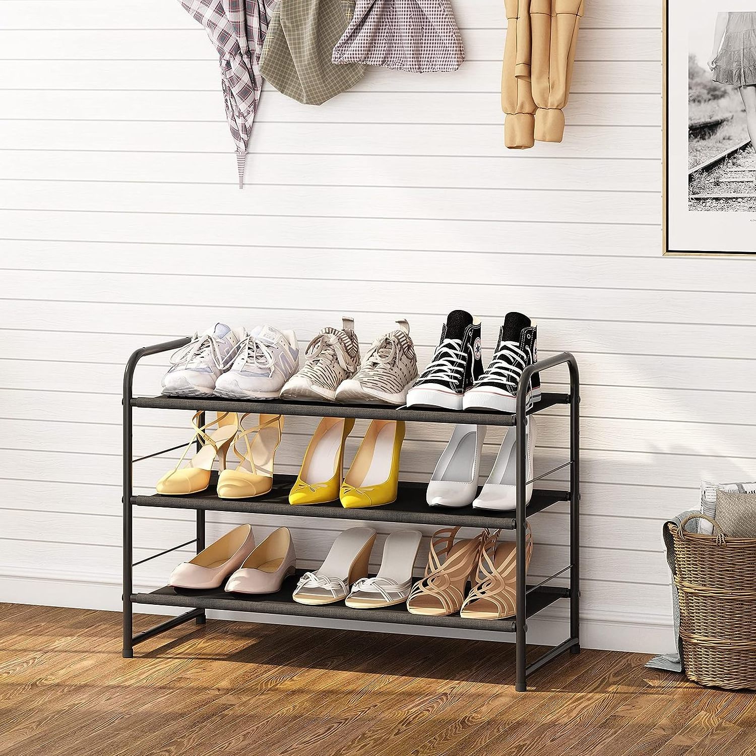 3-Tier Stackable Shoe Rack Expandable and Adjustable Fabric Shoe Shelf Storage Organizer