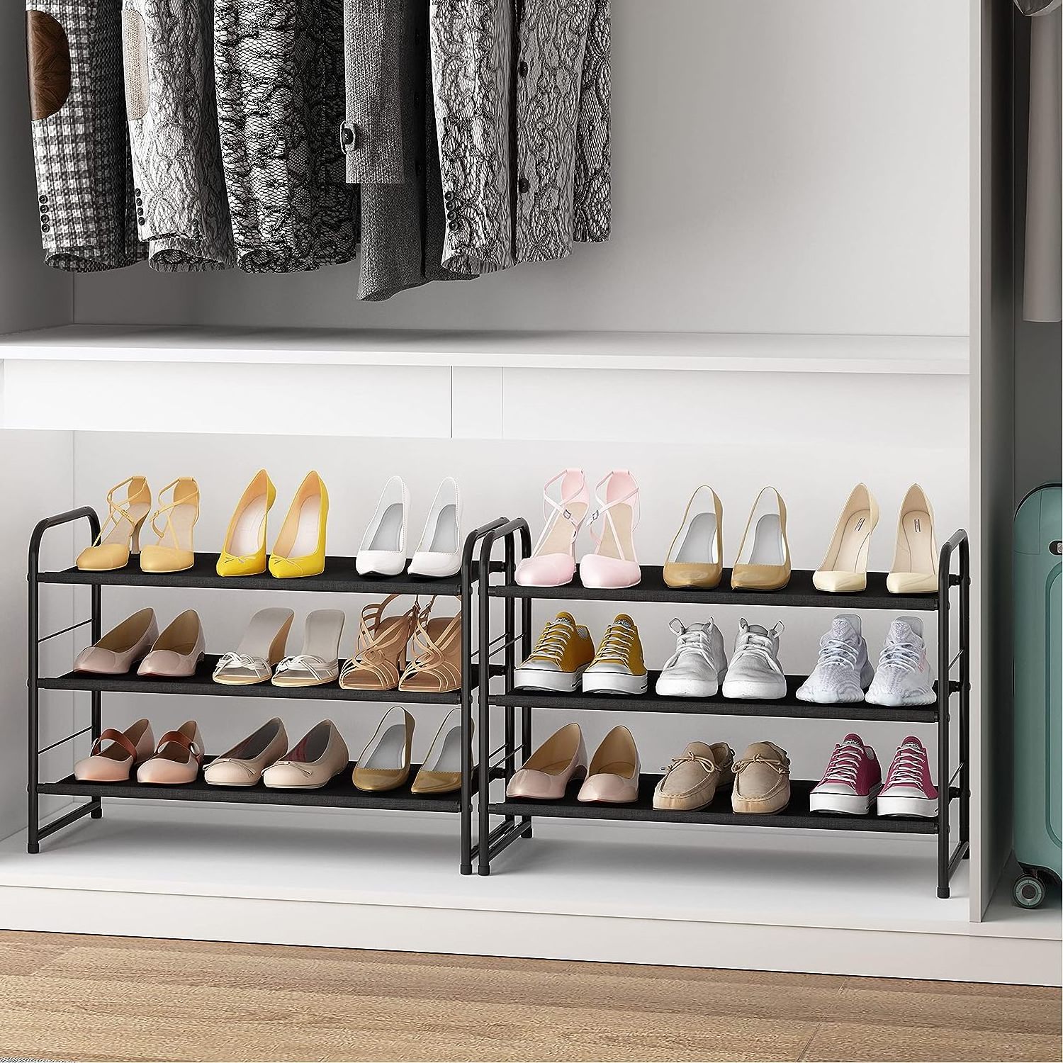 3-Tier Stackable Shoe Rack Expandable and Adjustable Fabric Shoe Shelf Storage Organizer