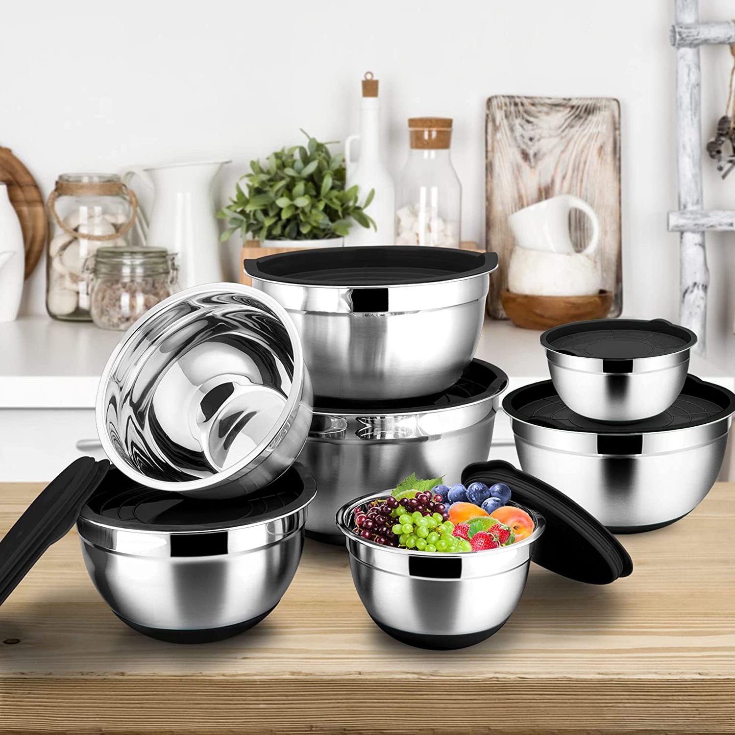 Mixing Bowls with Lids Black Stainless Steel with Plastic Lids Non-Slip Silicone Base