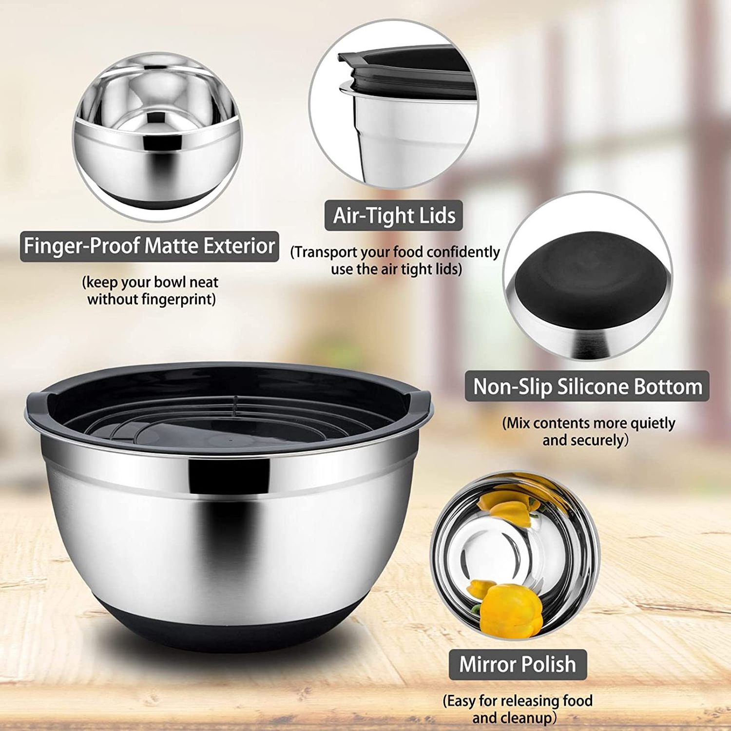 Mixing Bowls with Lids Black Stainless Steel with Plastic Lids Non-Slip Silicone Base