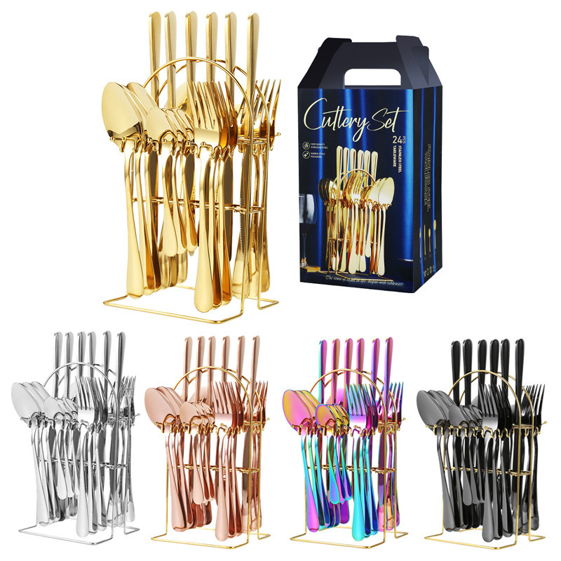 24pcs Golden Luxury High Quality Kits Dishwasher Safe Flatware Fork Knife Spoon 18/10 Stainless Steel Cutlery Set For Wedding