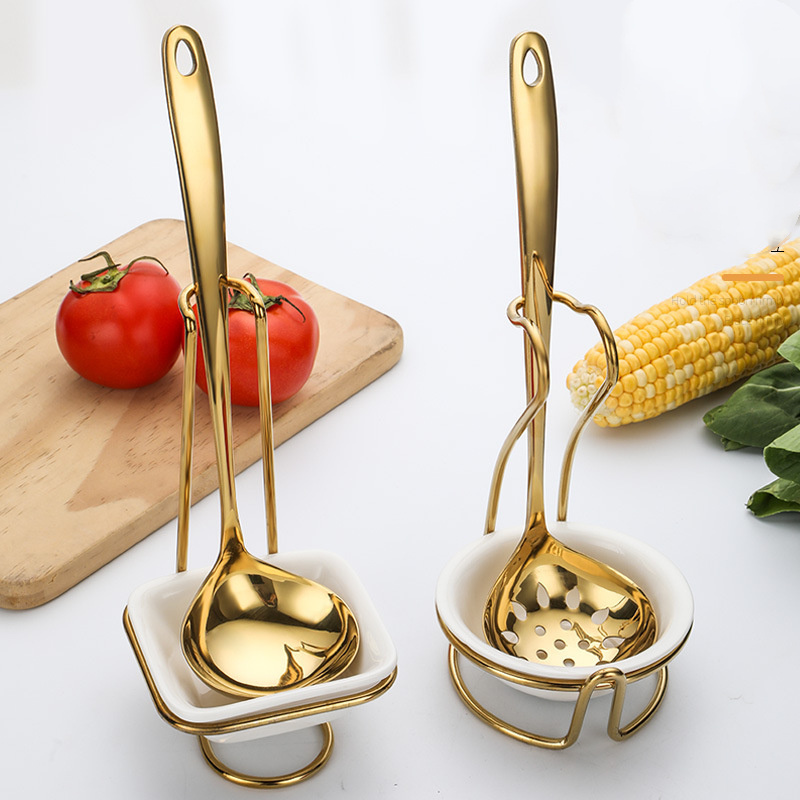 New Design Gold Stainless Steel Table Spoon Rack Metal Holder Silver Serving Kitchen Ladle Ceramic Spoon Rest