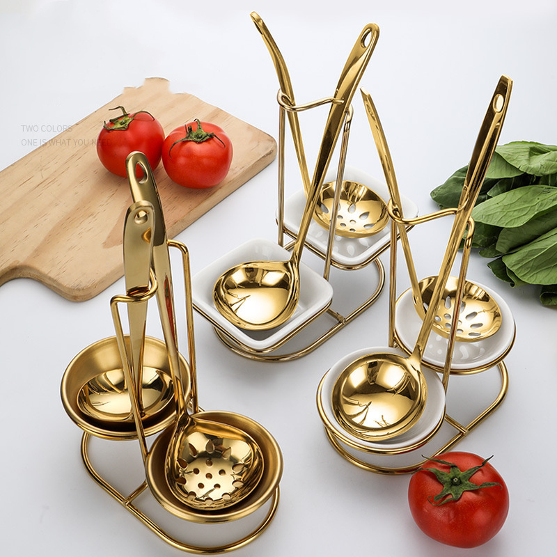 New Design Gold Stainless Steel Table Spoon Rack Metal Holder Silver Serving Kitchen Ladle Ceramic Spoon Rest