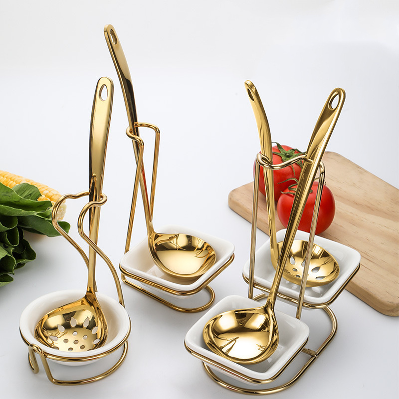 New Design Gold Stainless Steel Table Spoon Rack Metal Holder Silver Serving Kitchen Ladle Ceramic Spoon Rest