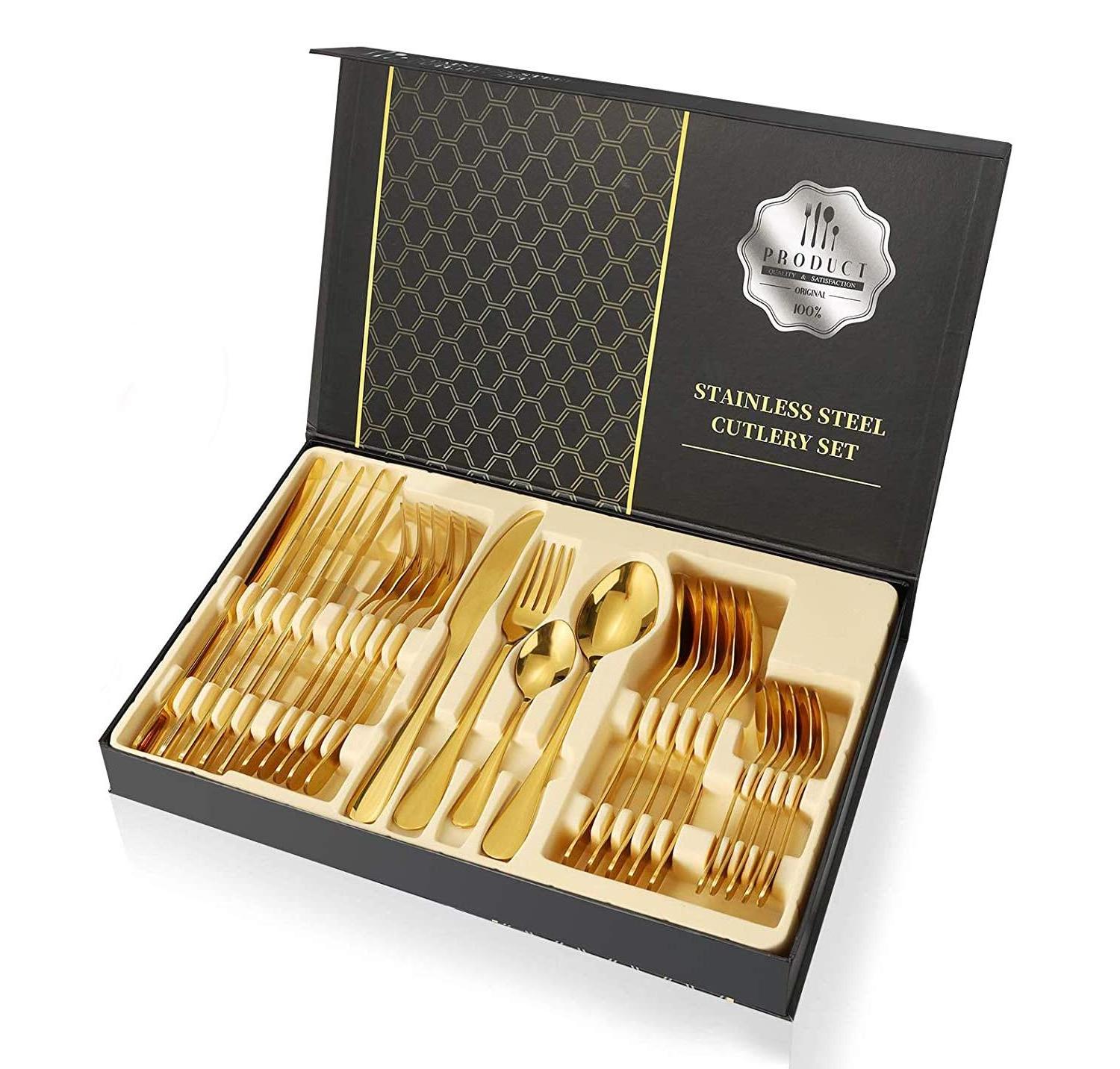 Portable travel gold spoons forks knives stainless steel hotel cutlery with box 24pcs high quality Flatware Sets