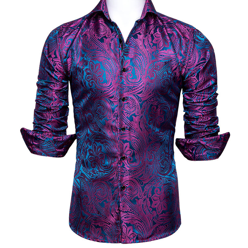 Luxury Rose Red Paisley Silk Shirts Men Long Sleeve Casual Flower Shirts For Men Designer Fit Dress Shirt CY-0029