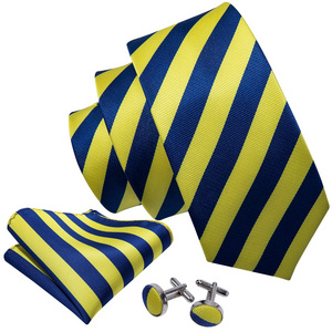 Wholesale Fashion Yellow Navy Blue Striped Mens Necktie Set Embroidered Logo Custom Silk School Tie