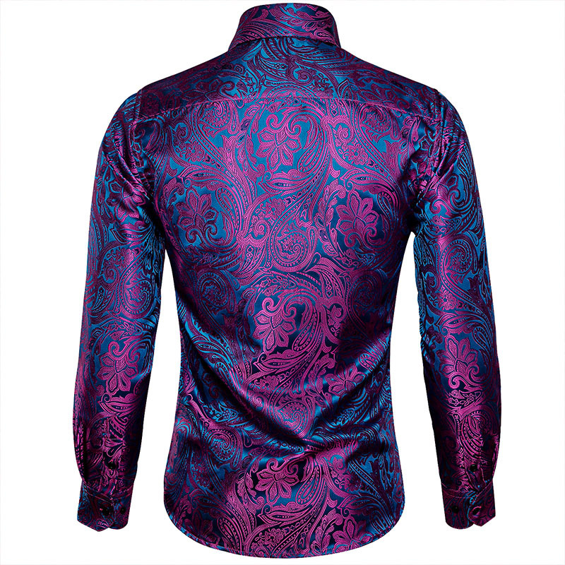 Luxury Rose Red Paisley Silk Shirts Men Long Sleeve Casual Flower Shirts For Men Designer Fit Dress Shirt CY-0029