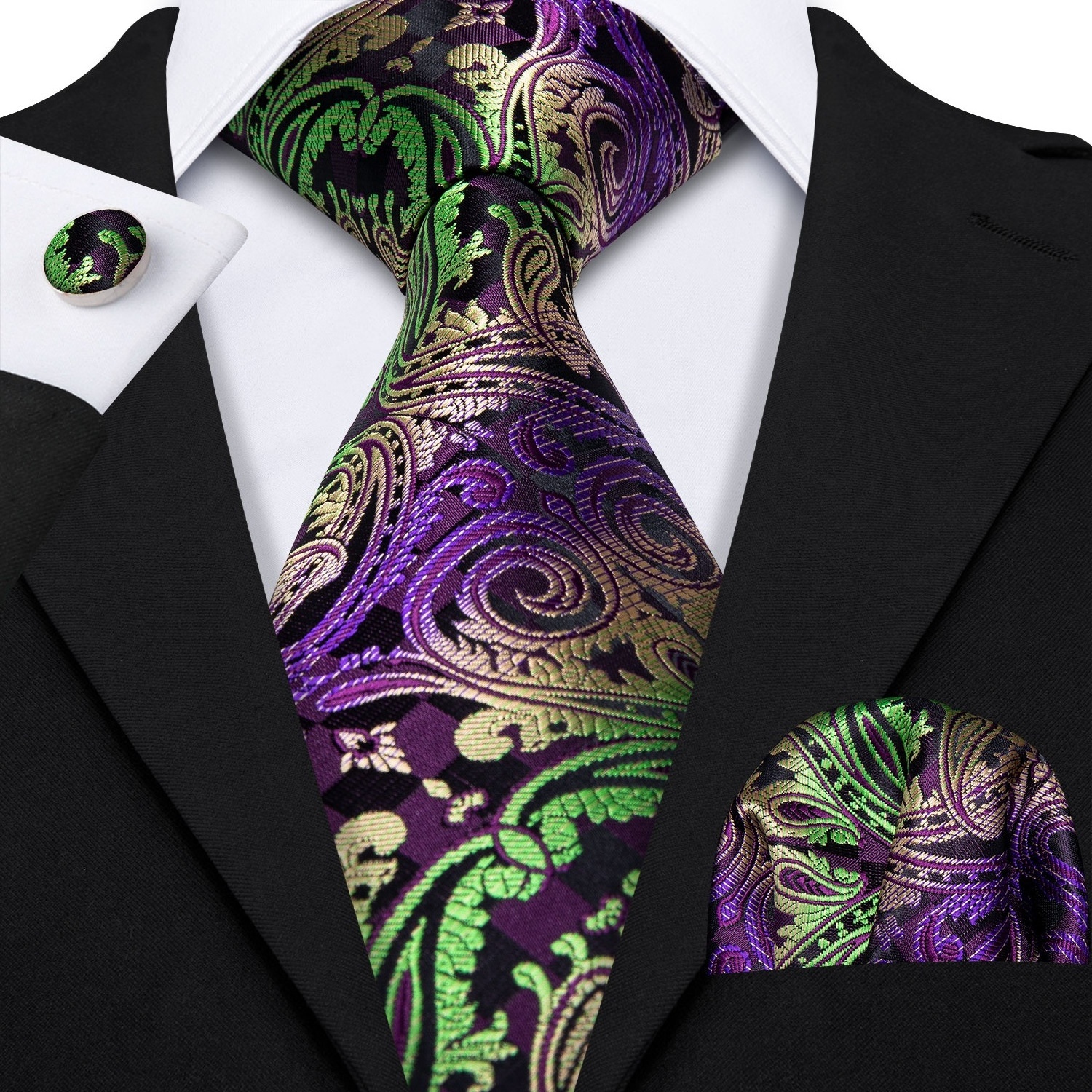 Wholesale Custom Classic Embroidered Green Purple Paisley Necktie Cufflink Hanky Gravata Silk Ties For Men