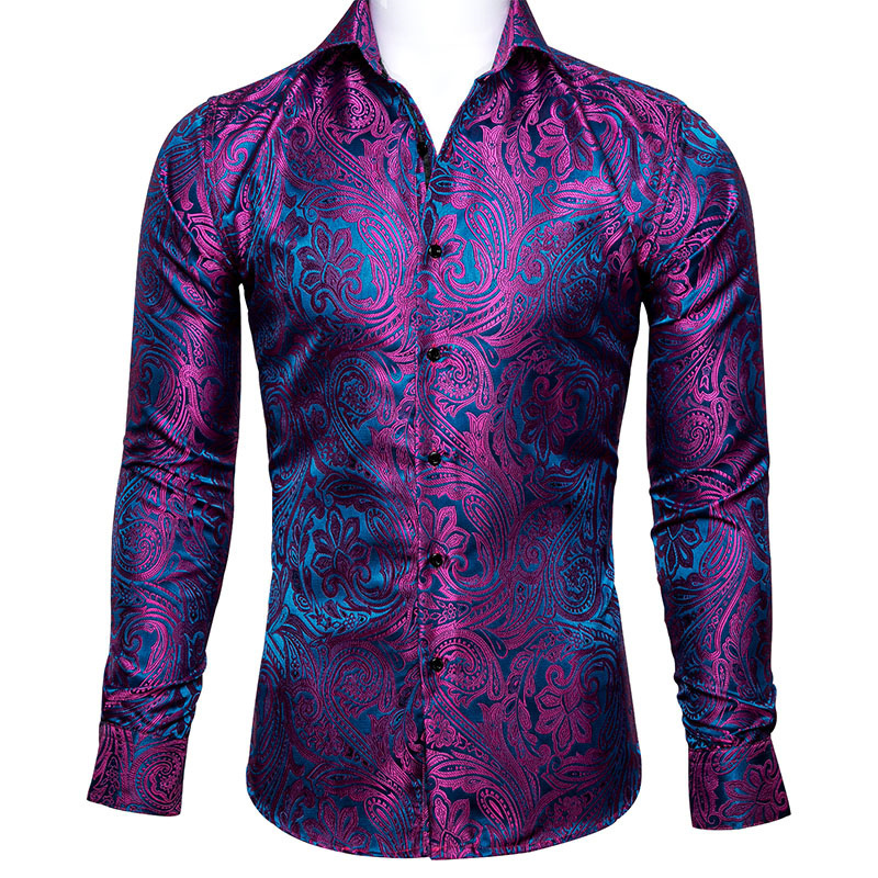 Luxury Rose Red Paisley Silk Shirts Men Long Sleeve Casual Flower Shirts For Men Designer Fit Dress Shirt CY-0029