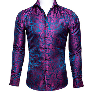 Luxury Rose Red Paisley Silk Shirts Men Long Sleeve Casual Flower Shirts For Men Designer Fit Dress Shirt CY-0029