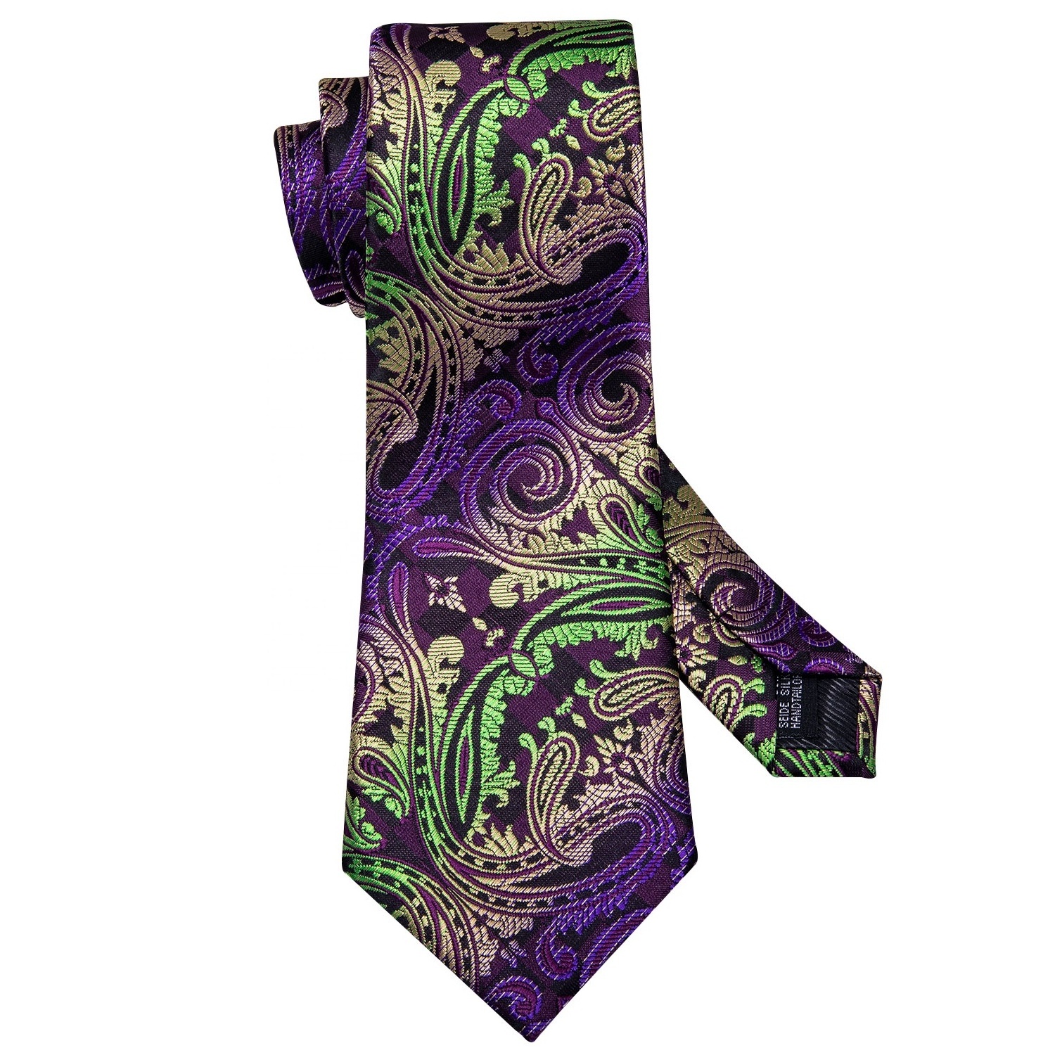 Wholesale Custom Classic Embroidered Green Purple Paisley Necktie Cufflink Hanky Gravata Silk Ties For Men