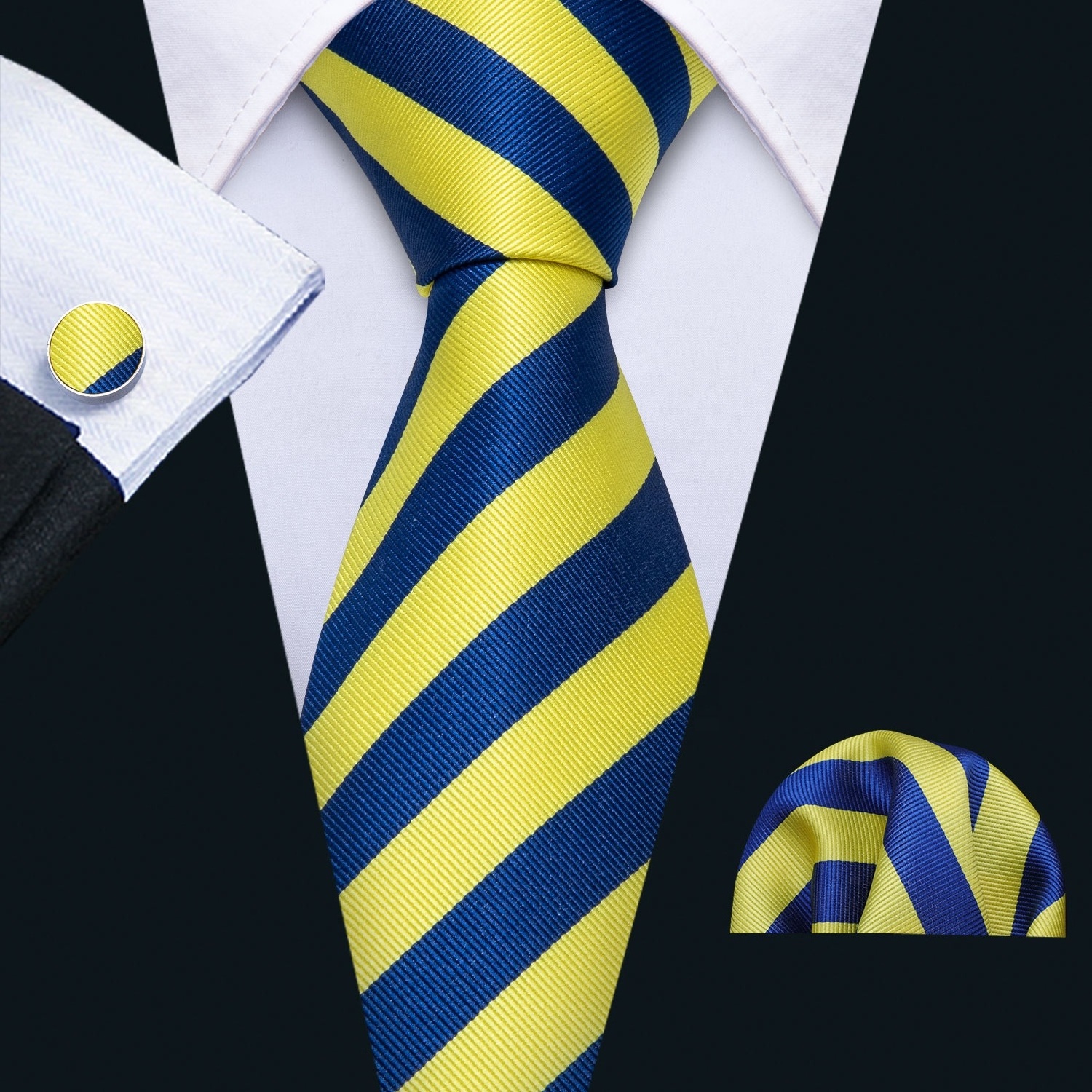 Wholesale Fashion Yellow Navy Blue Striped Mens Necktie Set Embroidered Logo Custom Silk School Tie