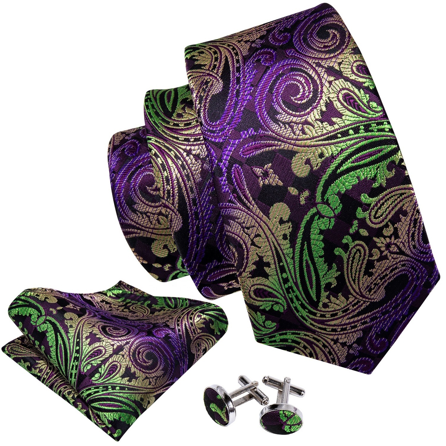 Wholesale Custom Classic Embroidered Green Purple Paisley Necktie Cufflink Hanky Gravata Silk Ties For Men