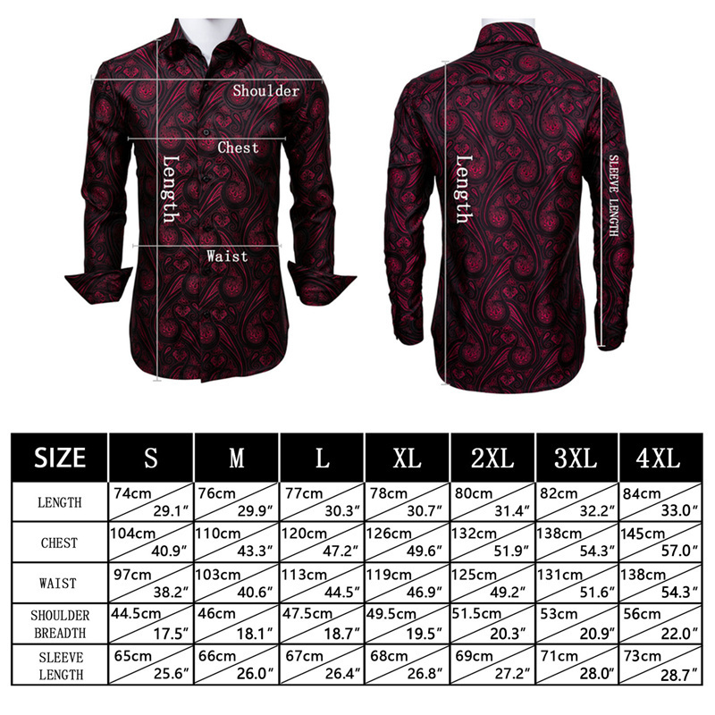 Luxury Rose Red Paisley Silk Shirts Men Long Sleeve Casual Flower Shirts For Men Designer Fit Dress Shirt CY-0029