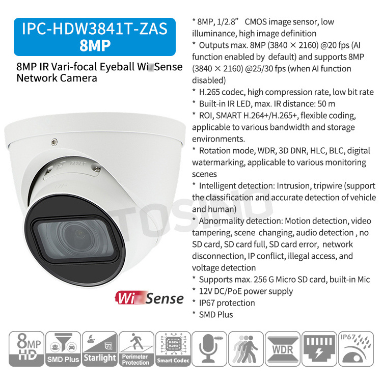 Original DH HDW3841T-ZAS 8MP 4K IR Motorized Vari-focal Motion Detection IP Camera