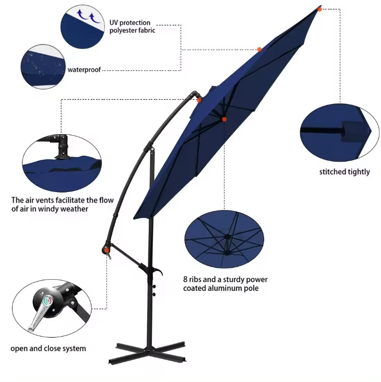 Summer Hot Sale Garden Outdoor Umbrellas Banana Hanging Umbrella with LED Foldable and Rotatable