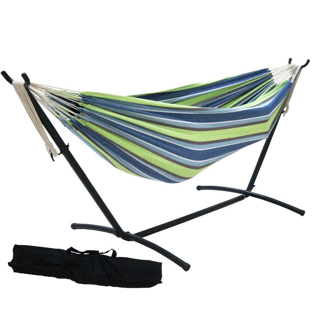 Double Cotton Camping Hammock with Space Saving Steel Stand Hammock bed outdoor 450 lbs Capacity Premium Carry Bag Included)