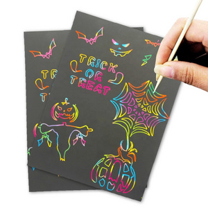 Halloween Scratch Art Paper Kit for Kids Rainbow Painting Scratch board with Templates 10 Scratch Cards Pumpkin Skeleton Bat