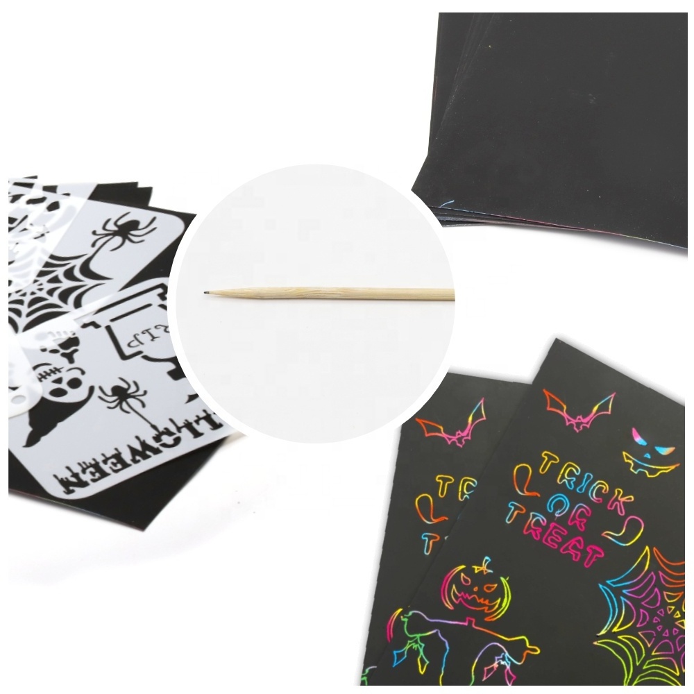 Halloween Scratch Art Paper Kit for Kids Rainbow Painting Scratch board with Templates 10 Scratch Cards Pumpkin Skeleton Bat