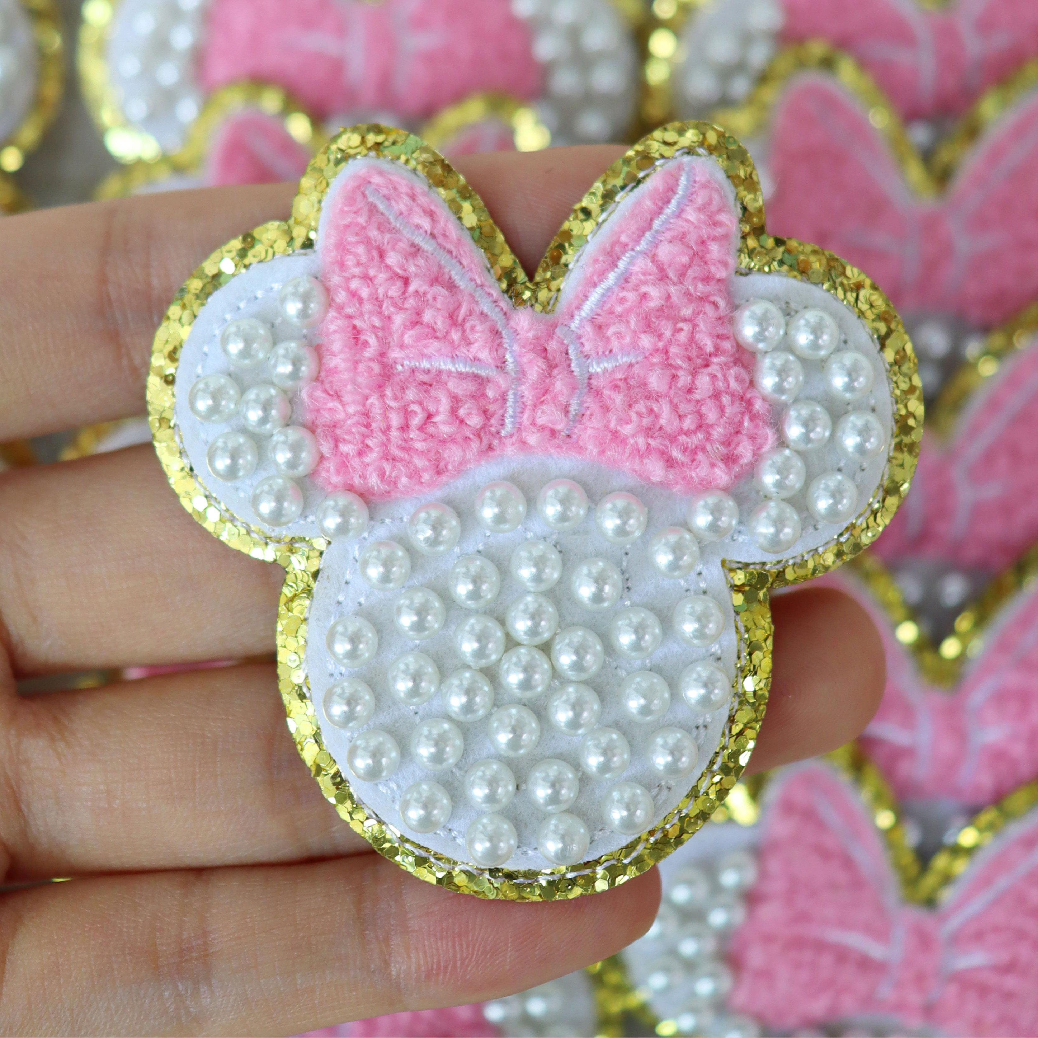 Custom Gorgeous Mickey Minnie disneypark Head Glitter Border Full Pearl Beading chenille Adhesive Patches