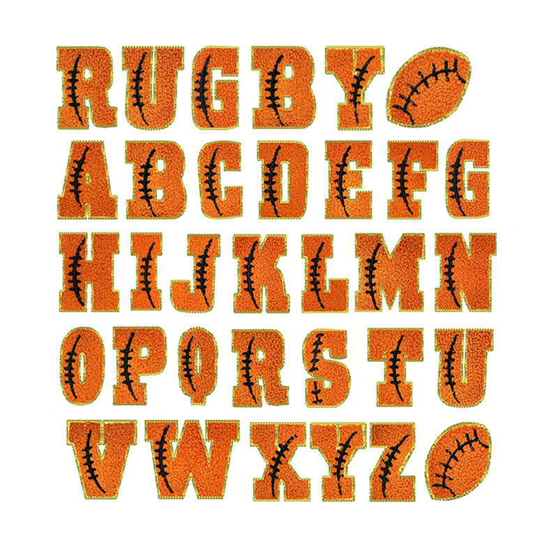 Factory custom rugby football glitter letter iron on chenille letters patches